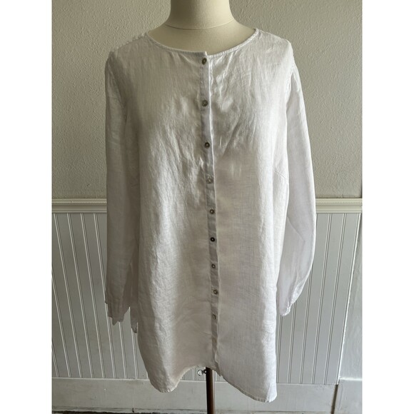 Tahari Tops - Tahari 100% Linen Long Sleeve Roll Tab Tunic Blouse Lagenlook Crisp White 1X